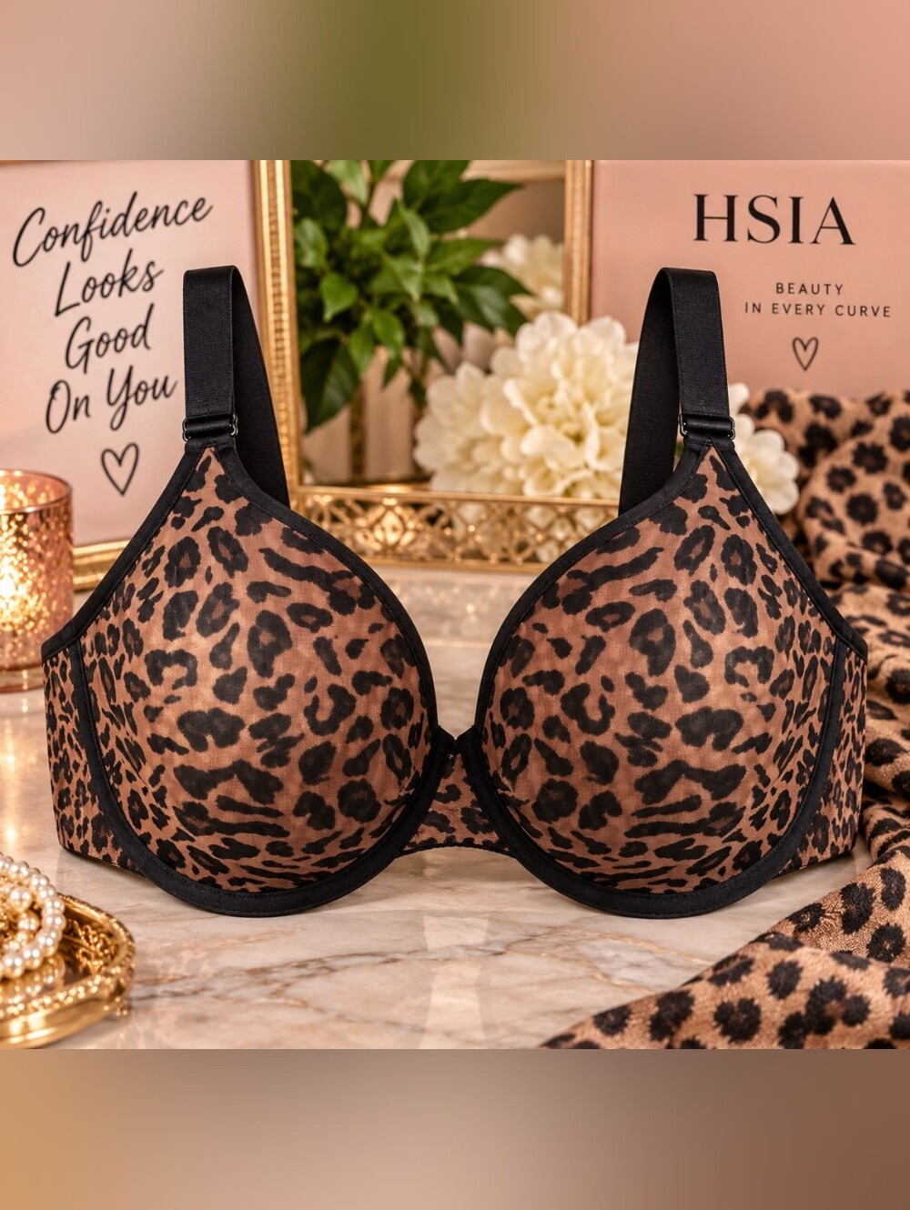 HSIA Leopard Unlined Plus Size Breathable Soft Mesh Underwire Bra 42DD